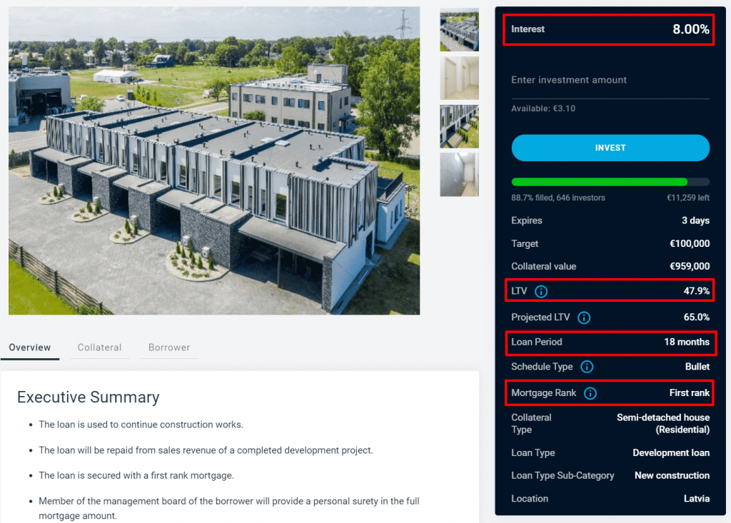 EstateGuru projektdetaljer med LTV og rente