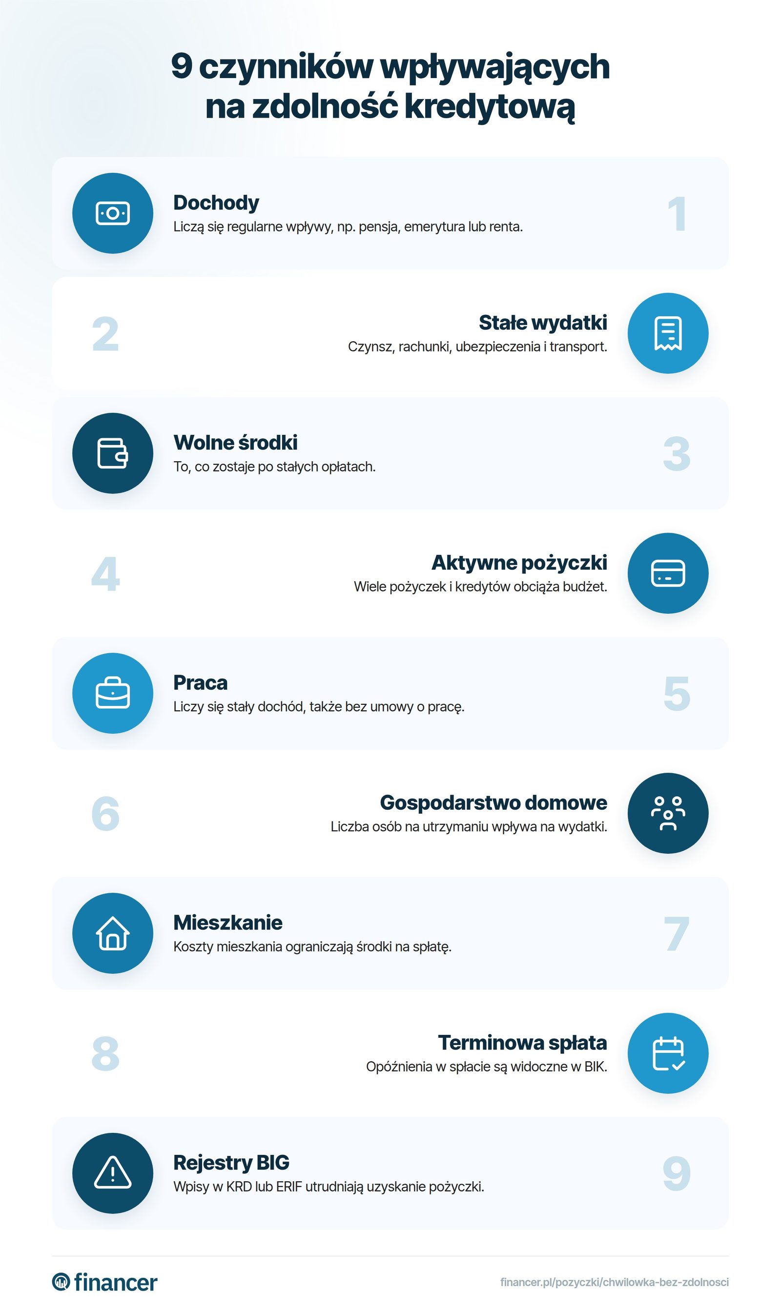Dochody, stałe wydatki, wolne środki, pożyczki, praca, gospodarstwo domowe, mieszkanie, terminowa spłata i wpisy w BIG wpływają na zdolność kredytową.