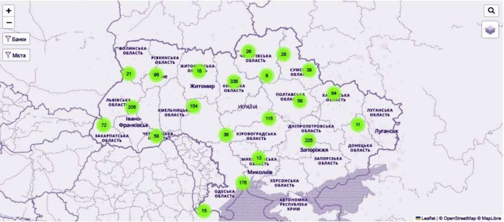 Карта відділень Power Banking в Україні: 336 на Київщині, 225 на Дніпропетровщині та 206 на Львівщині.