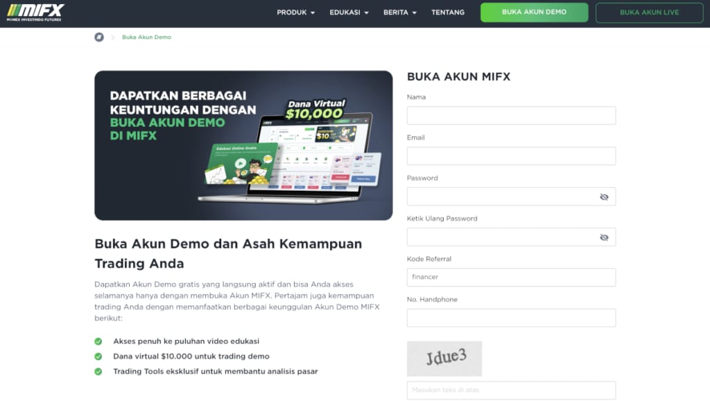 Halaman pendaftaran akun demo MIFX dengan kolom nama, email, kata sandi, dan informasi dana virtual US$10.000.