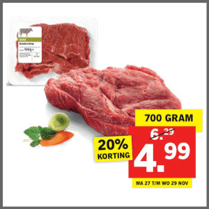 Aanbieding voor rauw rundvlees: 700 gram voor € 4,99 met 20% korting.