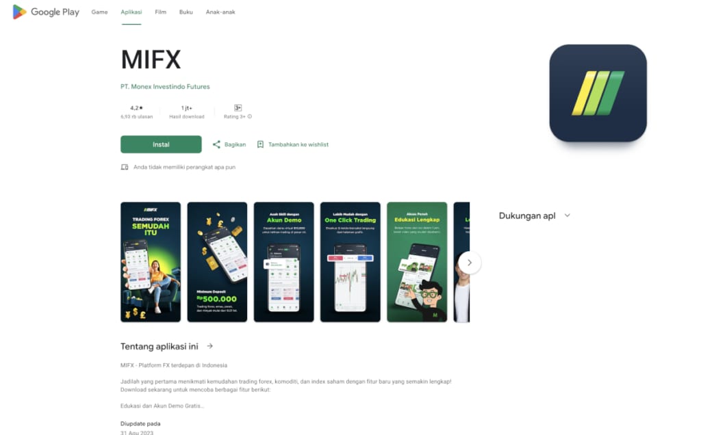 Halaman aplikasi MIFX di Google Play dengan rating 4,2 bintang, lebih dari 1 juta unduhan, dan tombol Instal.