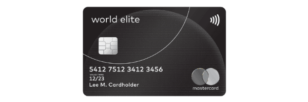 Schwarze Mastercard World Elite mit Chip, Kontaktlos-Symbol und silbernem Mastercard-Logo.