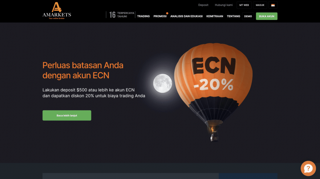 Tangkapan layar situs AMarkets dengan promo akun ECN berupa diskon biaya trading 20% untuk deposit minimal US$500.
