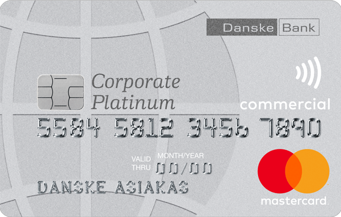 Danske Bankin hopeanvärinen Mastercard Corporate Platinum -yritysluottokortti, jossa on siru ja lähimaksutunnus.