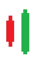 Korte rode candlestick naast een langere groene candlestick, beide met een boven- en onderschaduw.