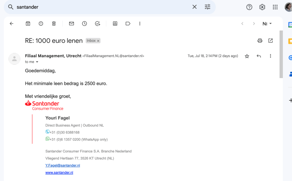 Santander klantenservice e-mail antwoord