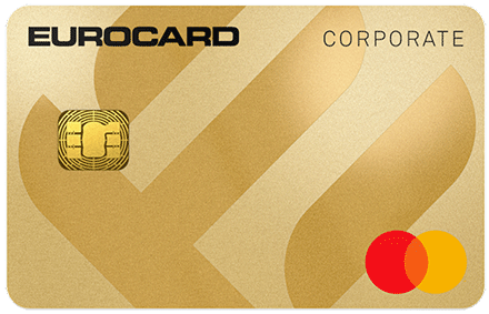 Kullanvärinen Eurocard Corporate Gold -yritysluottokortti, jossa on siru ja Mastercard-logo.