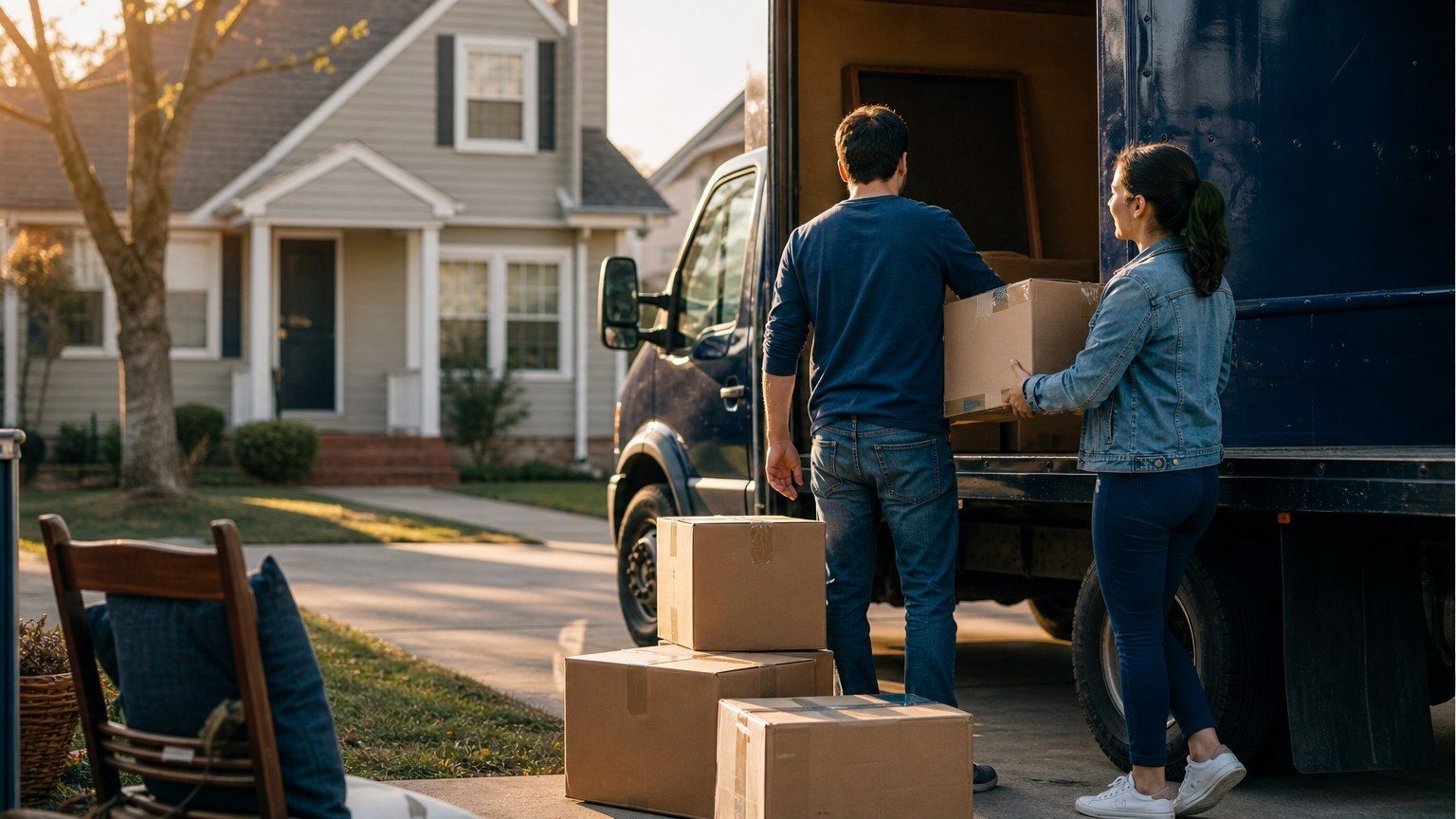 A young couple loading the last cardboard moving boxes into a small navy rental truck outside a modest american suburban house