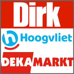 Logo's van de Nederlandse supermarkten Dirk, Hoogvliet en DekaMarkt