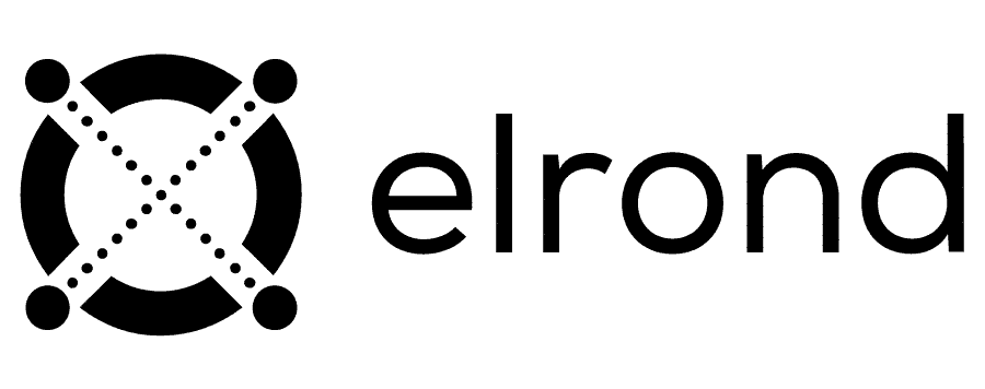 Logo-ul Elrond, cu simbol circular stilizat și numele scris cu negru pe fundal alb.