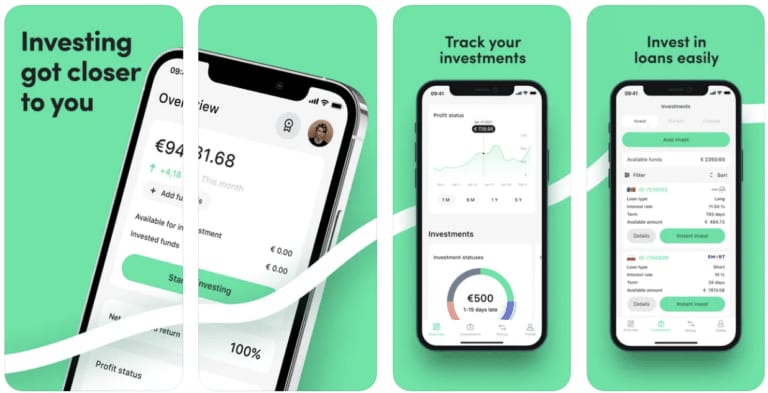 Екрани от приложението PeerBerry с преглед на портфейла, проследяване на инвестициите и избор на заеми.