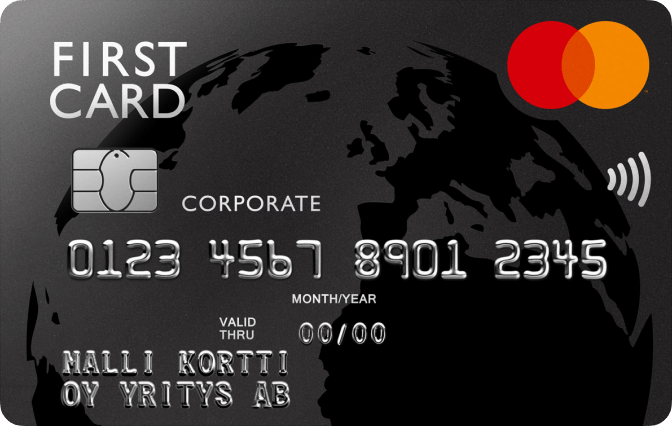 Musta First Card Corporate -maksuaikakortti, jossa on Mastercard-logo, siru ja lähimaksutunnus.