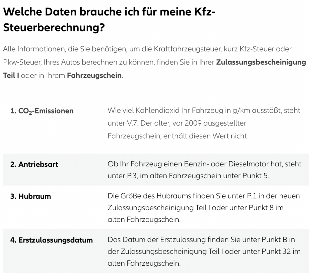 Tabelle zur Kfz-Steuerberechnung: CO₂-Emissionen, Antriebsart, Hubraum und Erstzulassungsdatum mit Fundstellen im Fahrzeugschein.