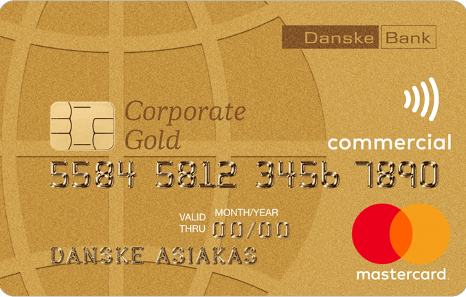 Kullanvärinen Danske Bank Mastercard Corporate Gold -yritysluottokortti, jossa on lähimaksutunnus.