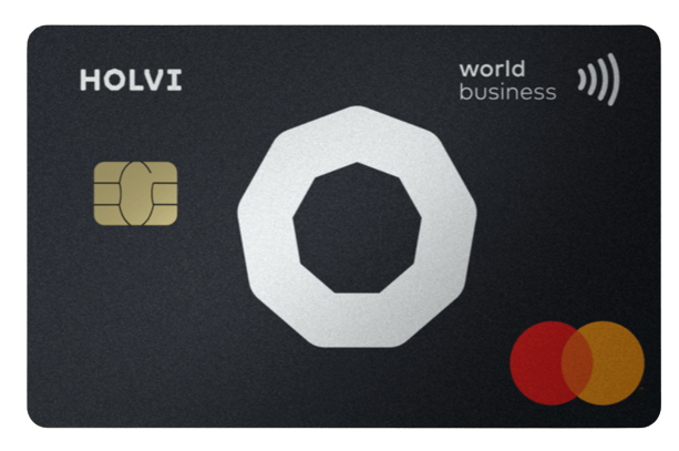 Musta Holvi World Business -yritysluottokortti, jossa on siru, lähimaksusymboli ja Mastercard-logo.