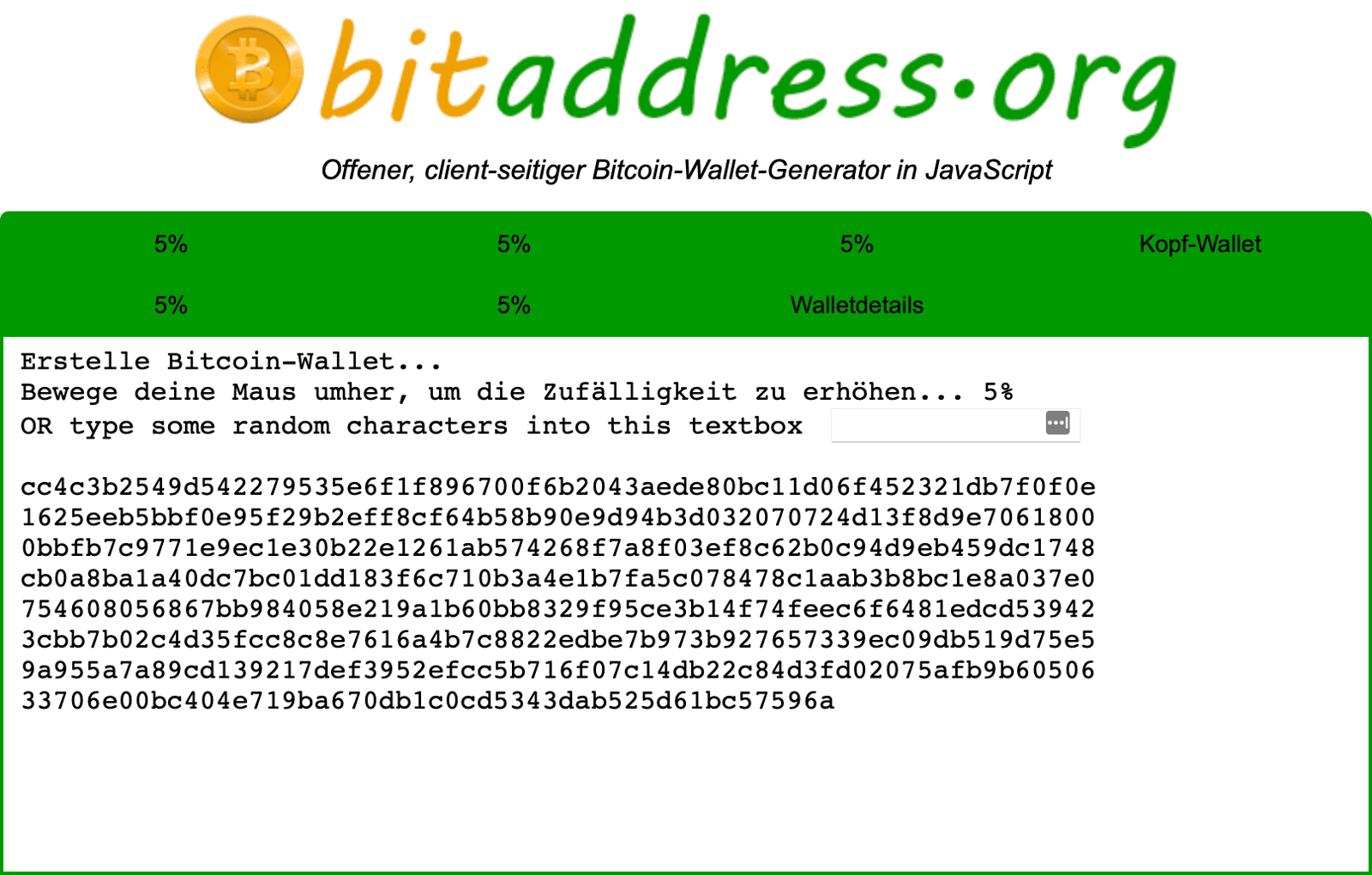 Bitaddress.org beim Erstellen einer Bitcoin-Wallet: Zufallsgenerierung durch Mausbewegungen mit 5 % Fortschritt.