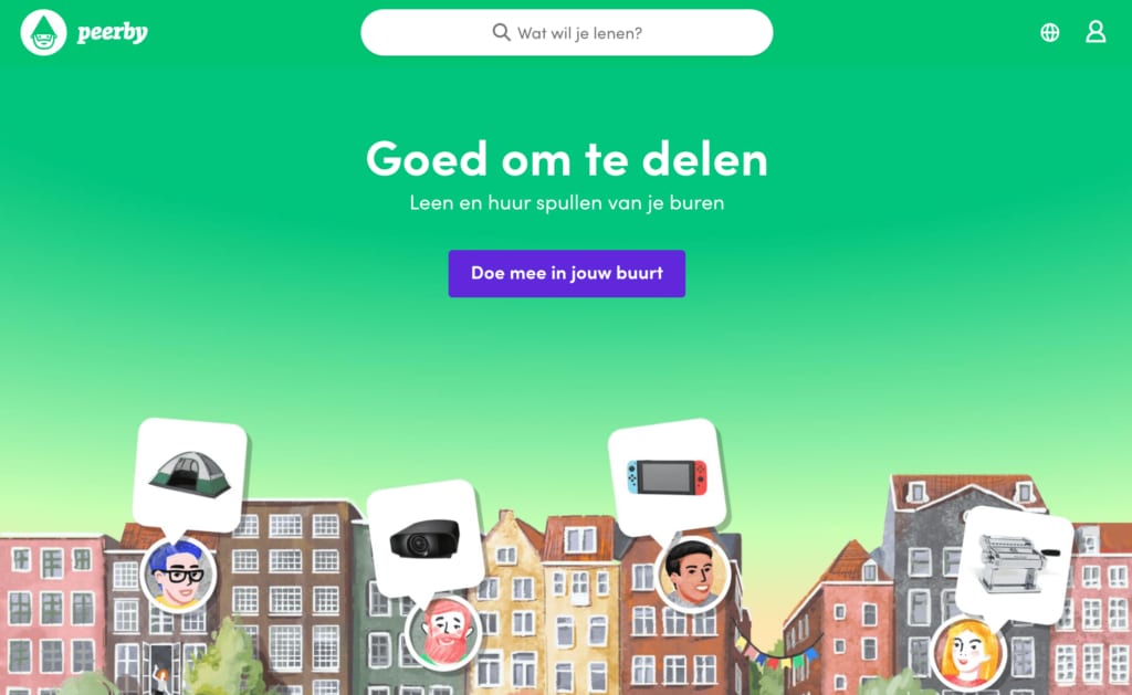 Startpagina van Peerby voor het lenen en huren van spullen van buurtgenoten, met een tent, beamer en spelcomputer.