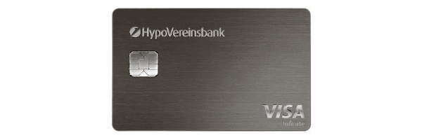 Dunkle Visa Infinite-Kreditkarte der HypoVereinsbank mit gebürsteter Metalloptik, Chip und silbernem Visa-Logo.
