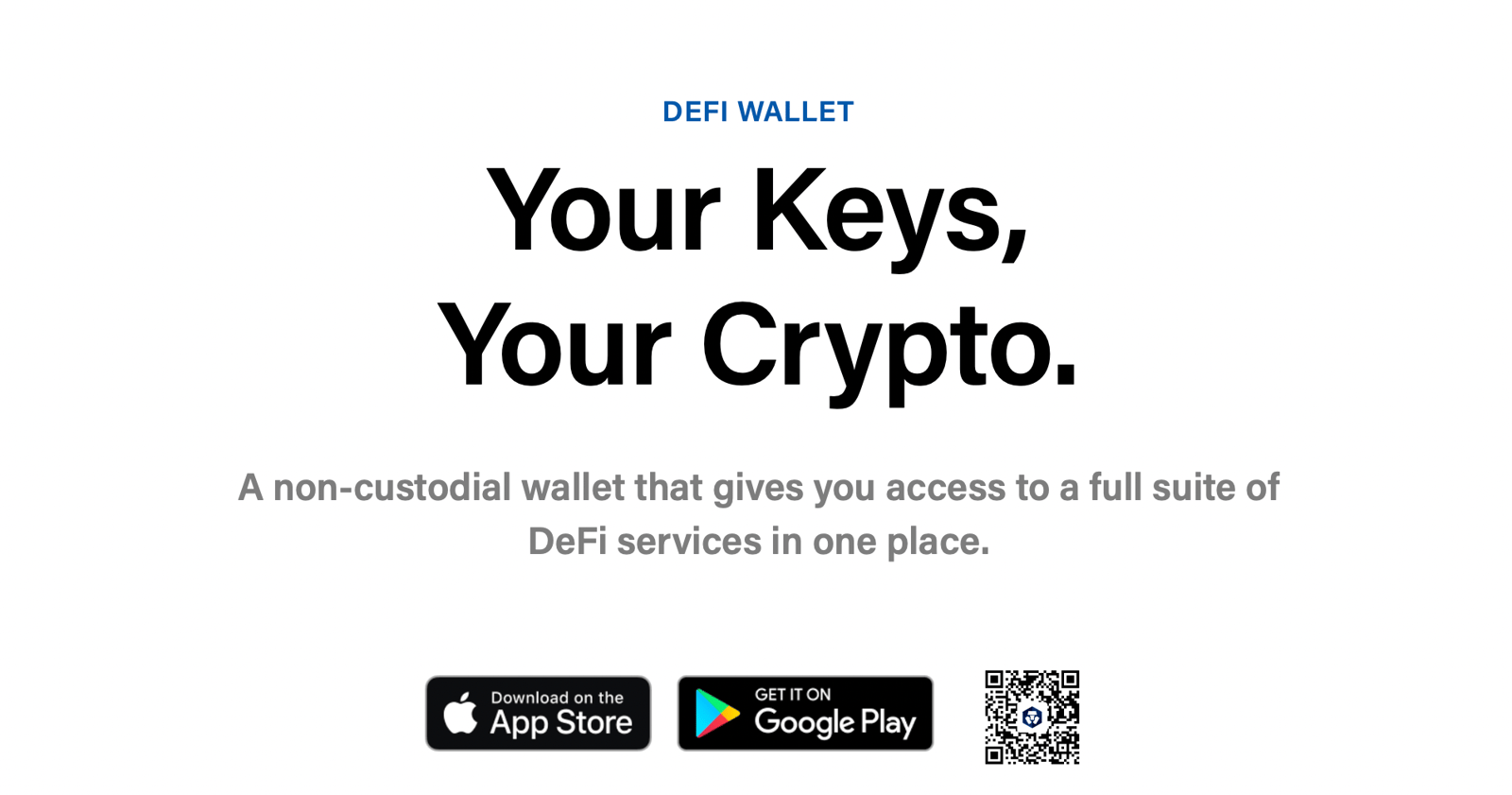 Werbegrafik für die Crypto.com DeFi Wallet mit „Your Keys, Your Crypto“, Download-Buttons für iOS und Android sowie QR-Code.
