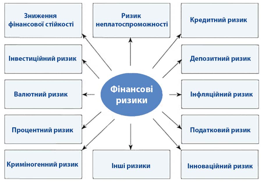 Схема видів фінансових ризиків: кредитний, депозитний, валютний, інфляційний, процентний, податковий та ризик неплатоспроможності.