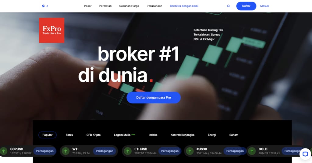 Halaman utama situs FxPro berbahasa Indonesia dengan tombol pendaftaran dan pilihan pasar forex, kripto, indeks, serta saham.