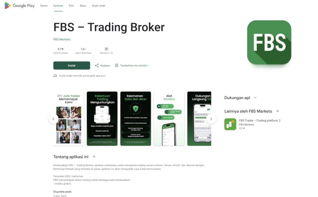 Halaman aplikasi FBS Trading Broker di Google Play dengan tombol instal, rating 4,7, dan pratinjau aplikasi.