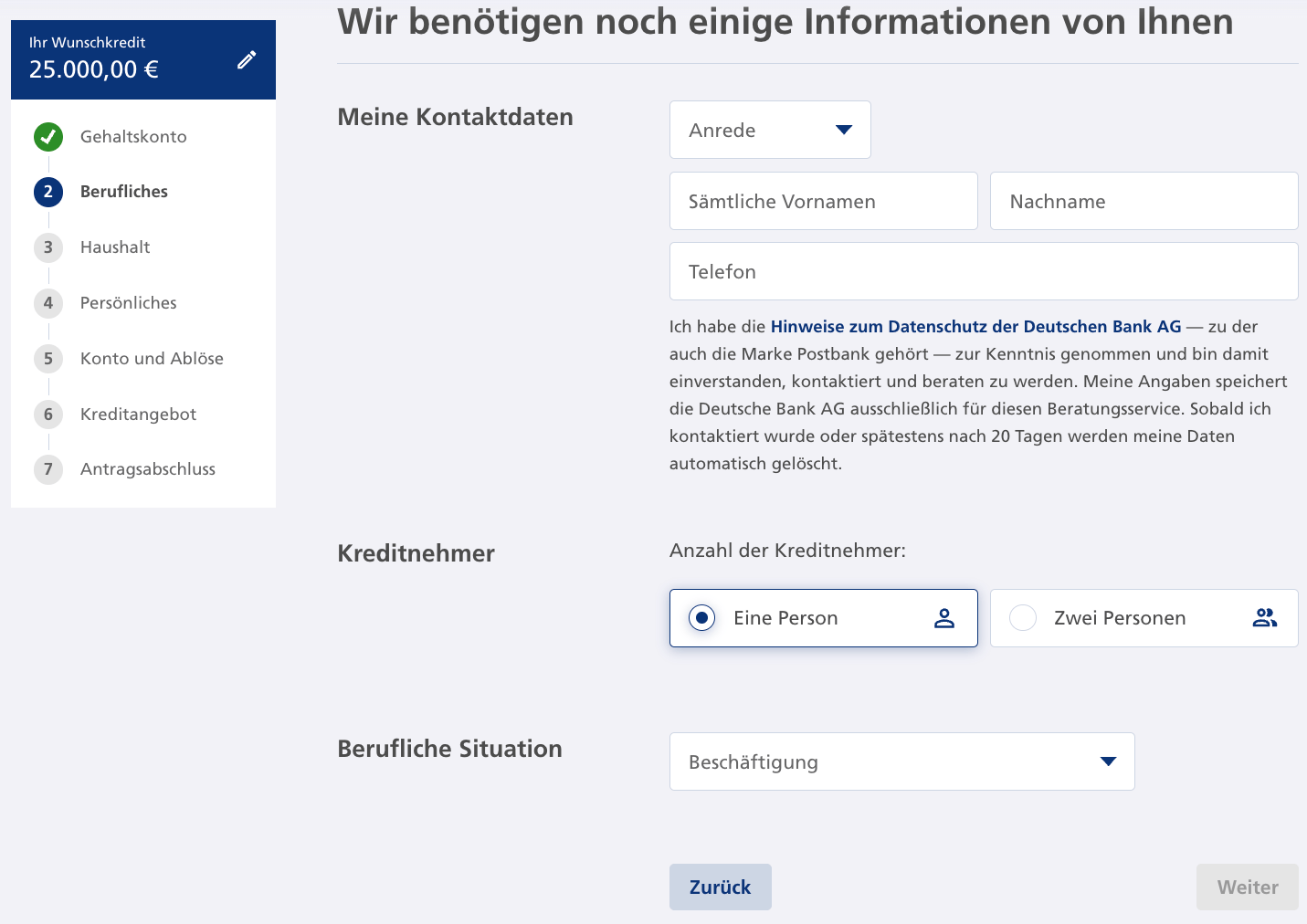 Berufliche situation darstellen postbank kredit