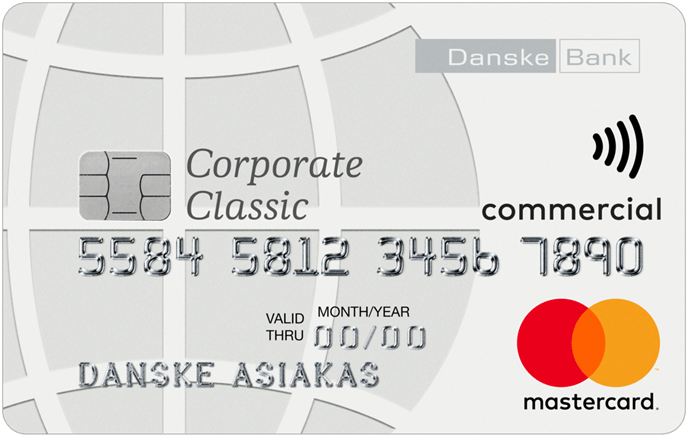 Hopeanvärinen Danske Bank Mastercard Corporate Classic -yritysluottokortti, jossa on siru ja lähimaksutunnus.