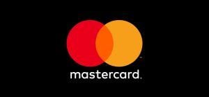 Logo van Mastercard met overlappende rode en oranje cirkels op een zwarte achtergrond.