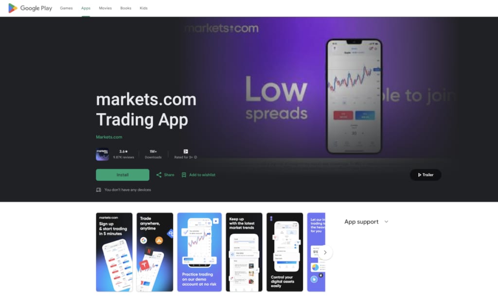 Halaman Markets.com Trading App di Google Play dengan tombol instal dan pratinjau fitur aplikasi.