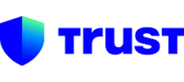 Logo von Trust Wallet mit blau-grünem Schild und blauem Schriftzug