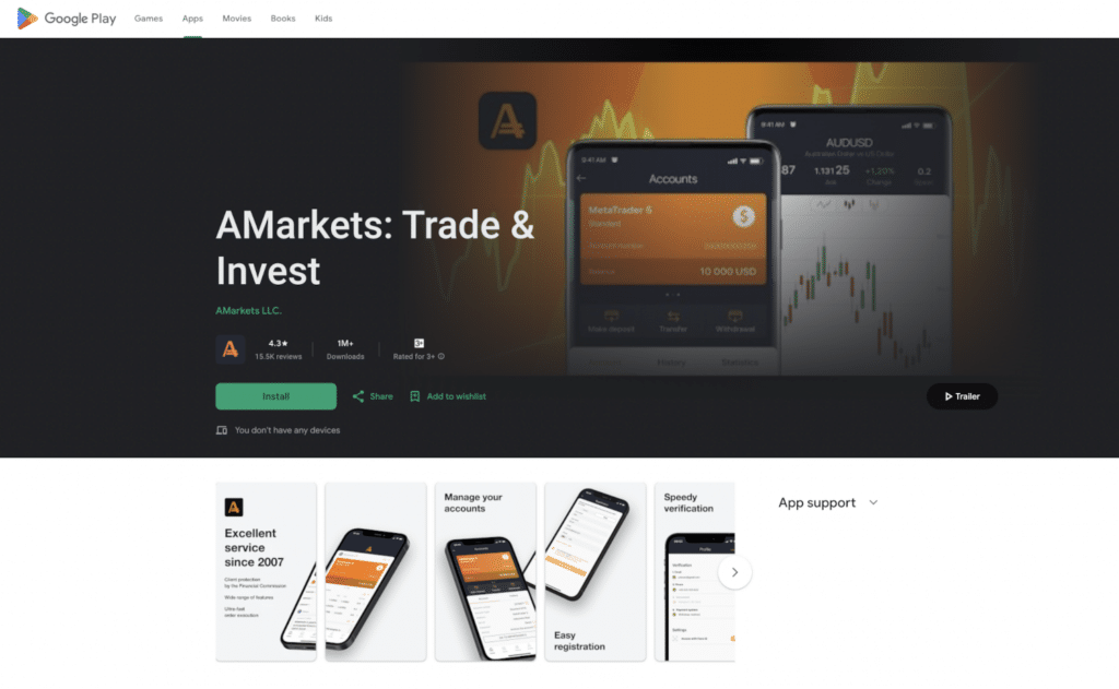 Halaman aplikasi AMarkets: Trade & Invest di Google Play dengan tombol instal dan pratinjau fitur trading.