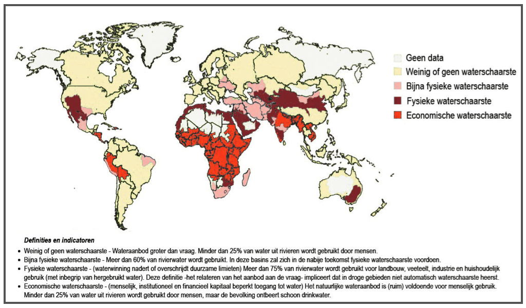 Wereldkaart met fysieke waterschaarste in onder meer Noord-Afrika en Azië en economische waterschaarste in Sub-Sahara-Afrika.