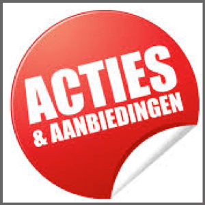 Rode ronde sticker met de witte tekst ‘Acties & aanbiedingen’ en een omgekrulde hoek.