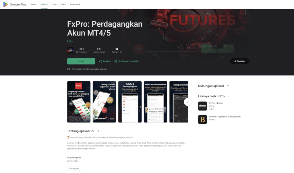Halaman aplikasi FxPro: Perdagangkan Akun MT4/5 di Google Play dengan tombol instal dan pratinjau aplikasi.