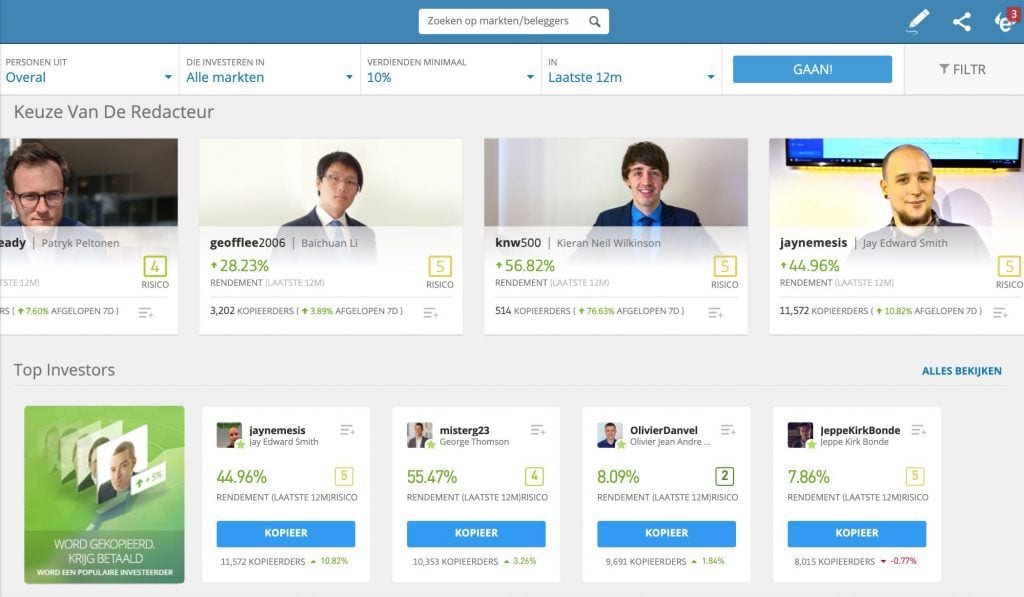 Scherm van eToro CopyTrading met beleggersprofielen, rendementen, risicoscores en knoppen om beleggers te kopiëren.