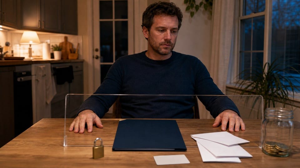 A concerned borrower sits at a kitchen table with a blocked loan folder, blank envelopes, coins, and a padlock.