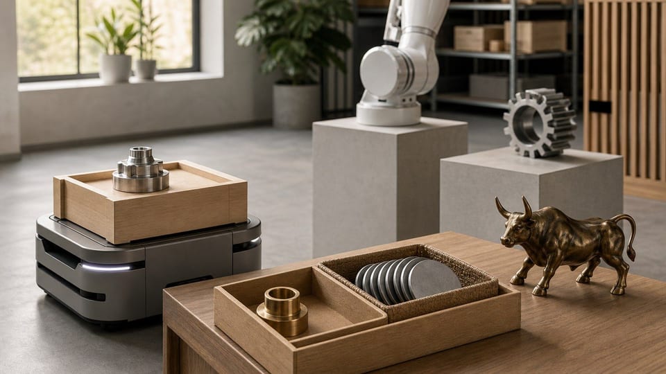 En lagerrobot ved en investeringsstation med enkeltaktie, ETF-kurv og komponenter fra forskellige robotområder.
