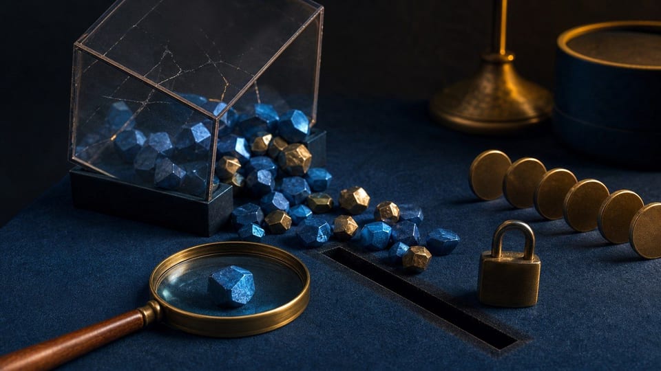 Eine dunkle Krypto-Ablage mit wertlosen Tokenformen, Falle, Schloss und Münzen zeigt das Risiko von Shitcoins.