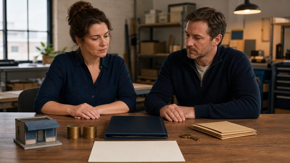 Two business partners review shared expenses and coin stacks at a workshop office table.