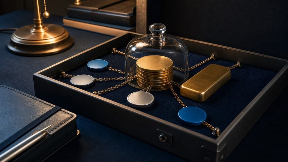 Unmarkierte Krypto-Token sind an eine geschützte Reserve aus Münzen und Goldbarren gebunden.