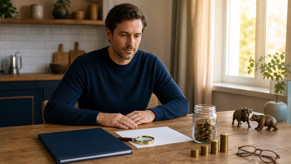 An American adult reviews blank Roth IRA paperwork at a kitchen table with coin jars, investment stacks, and retirement planning props.
