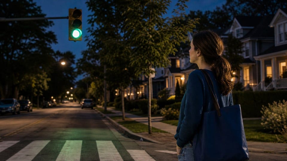 A green traffic light glowing over a quiet tree-lined suburban street of family houses at dusk