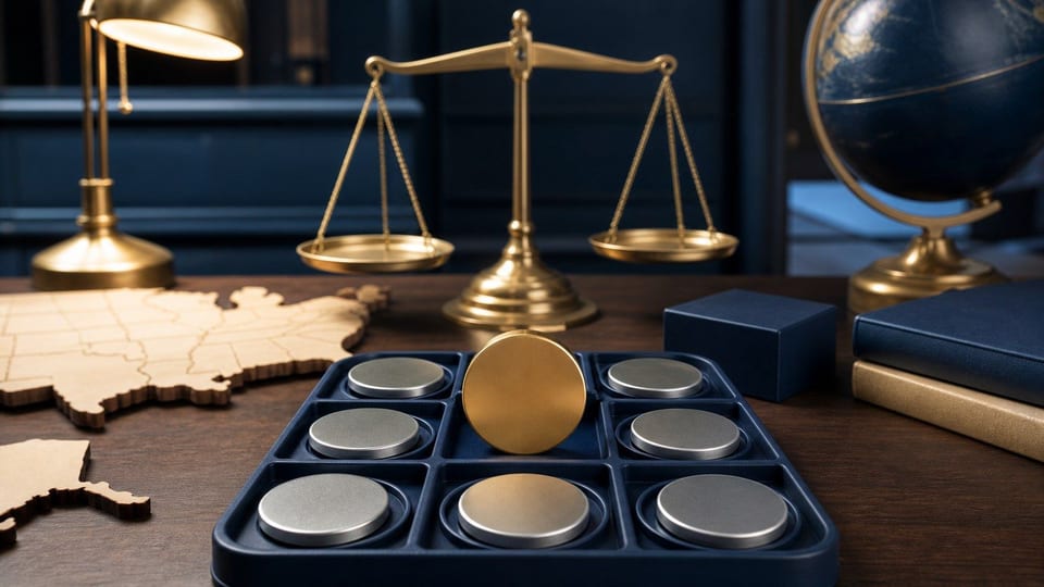 A banker desk shows a central gold-toned disc weighed against six smaller silver discs on a navy tray.