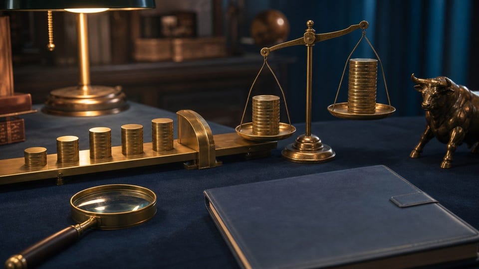 Uneven earnings coin stacks pass under a smoothing rail before being weighed against a taller market-price stack.