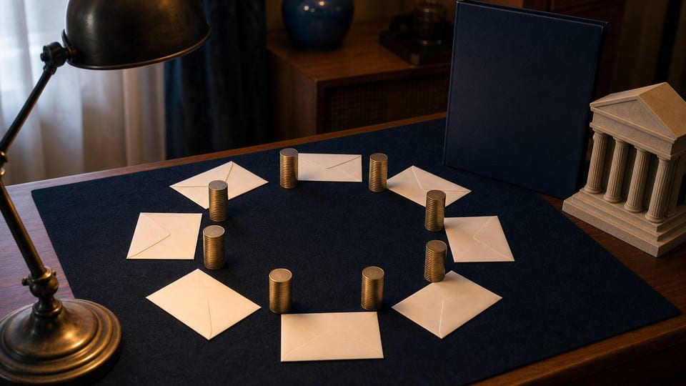 Leere Monatsumschläge und gleich hohe Münzstapel bilden einen Kreis neben einer dunkelblauen Kreditmappe.