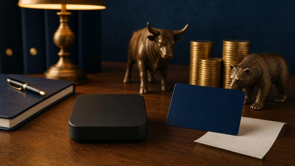 Een betaalterminal, blanco betaalkaart, muntenstapels en beursbeeldjes op een donker bureau.