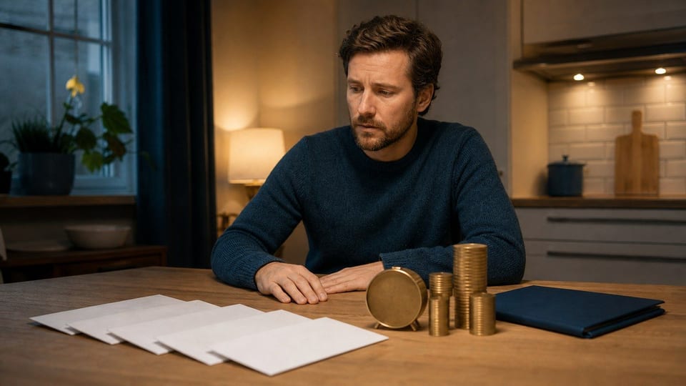 Eine Person sitzt an einem Küchentisch mit leeren Mahnumschlägen, Gebührenstapeln, Uhr und Schuldenmappe nach einem verpassten Zahlungstermin.