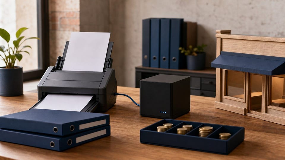 Ein Dokumentenscanner, digitale Archivboxen, Finanzordner und Münzen zeigen die Digitalisierung von KMU-Finanzen.